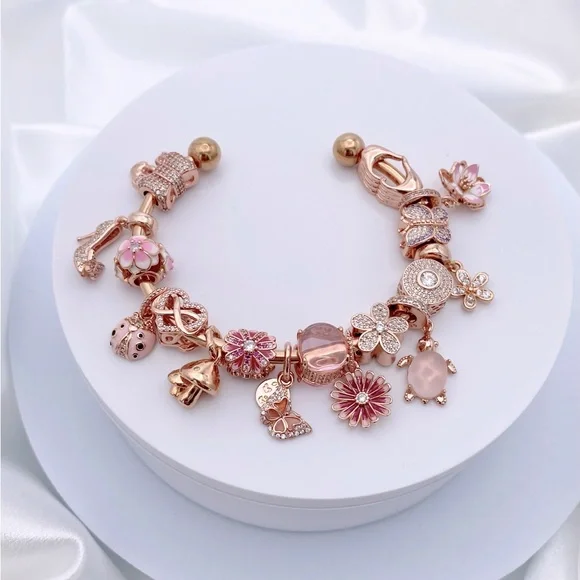 Linx Rose Gold Stainless Steel Open Bangle with Pink Themed Charms
